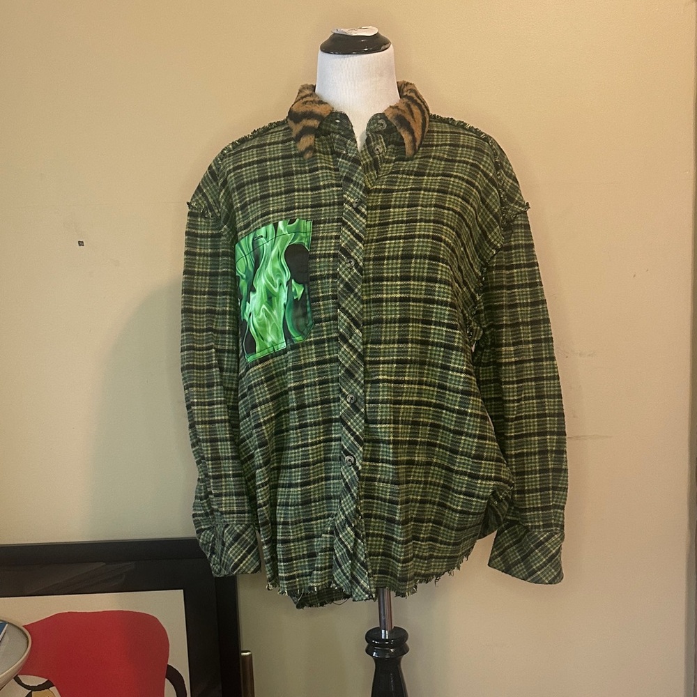 Urban Outfitters Plaid Shirt with Tiger Print Collar